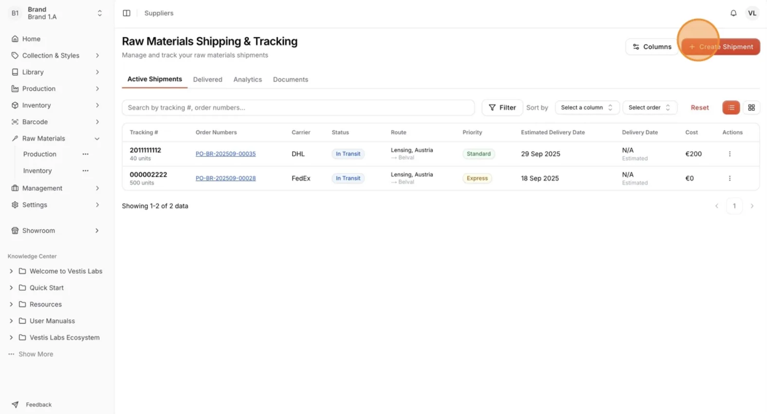 Click Create Shipment to start creating a new shipment record.