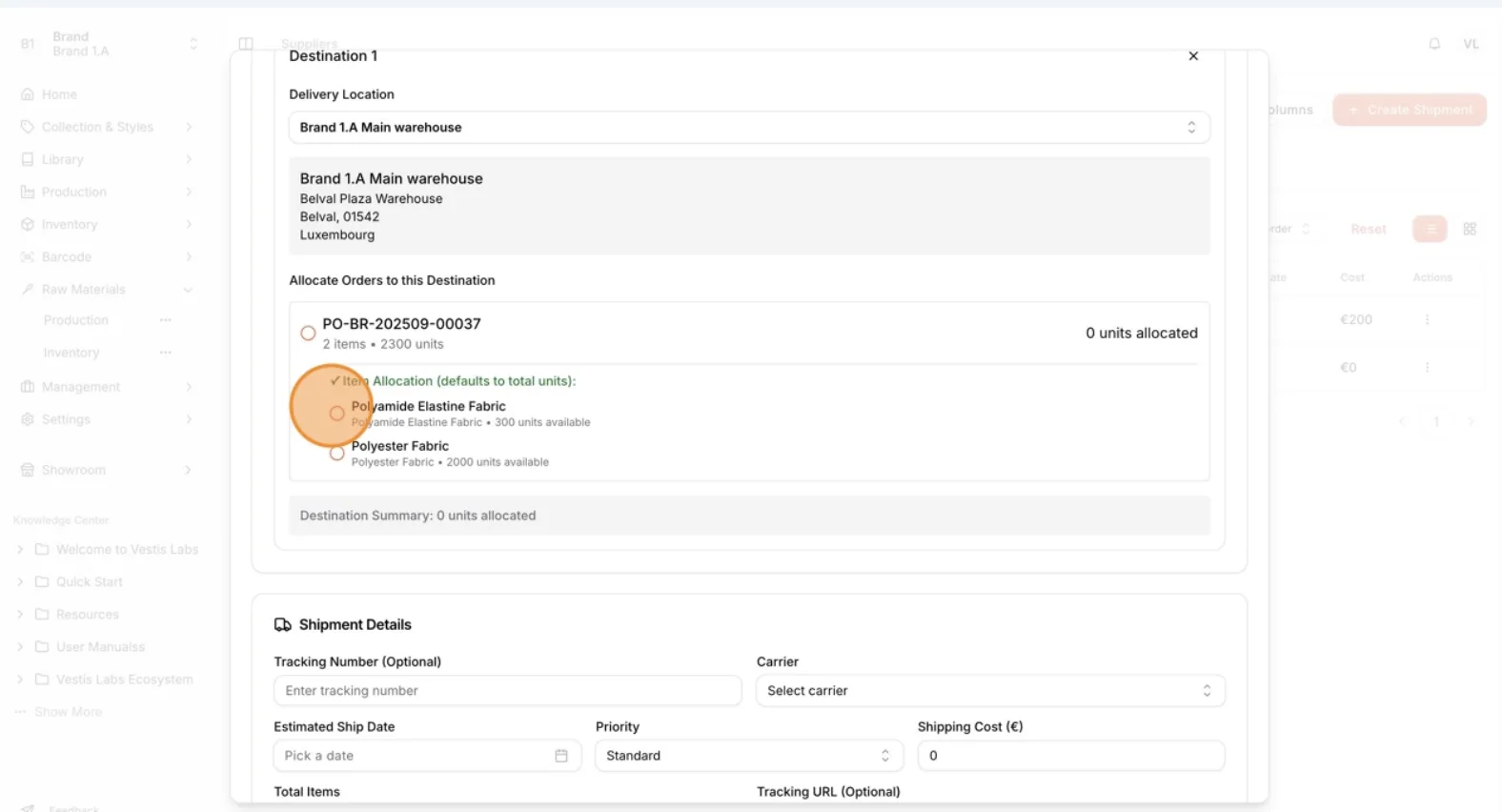 Select the production orders to be shipped to that location.