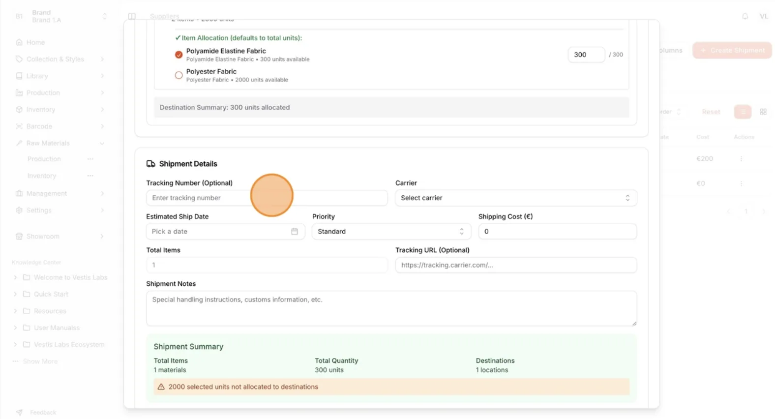 Fill in all shipment-related details to ensure accurate tracking and documentation: