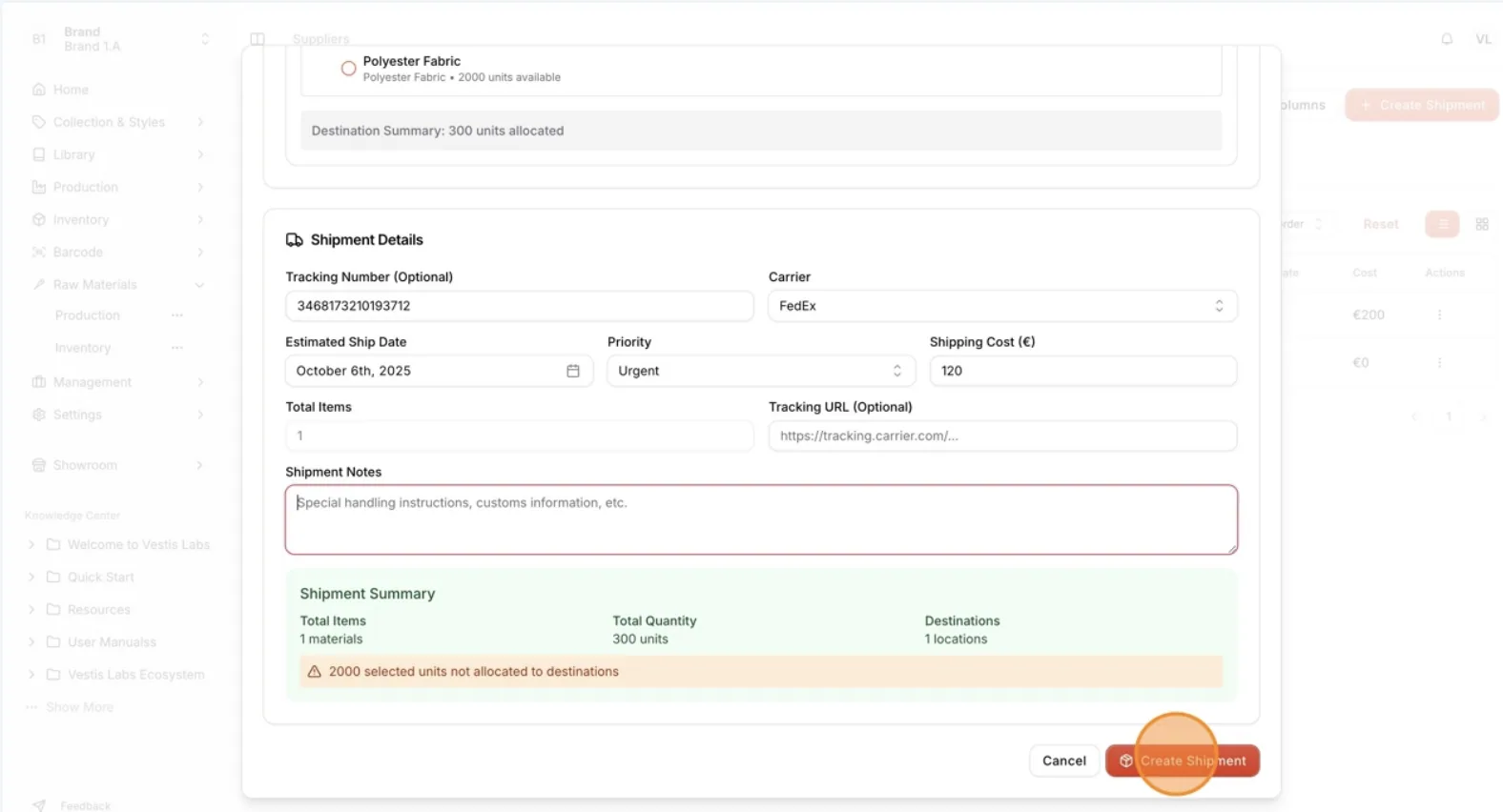 Once everything is confirmed, click Create Shipment t o save and finalize the shipment record.