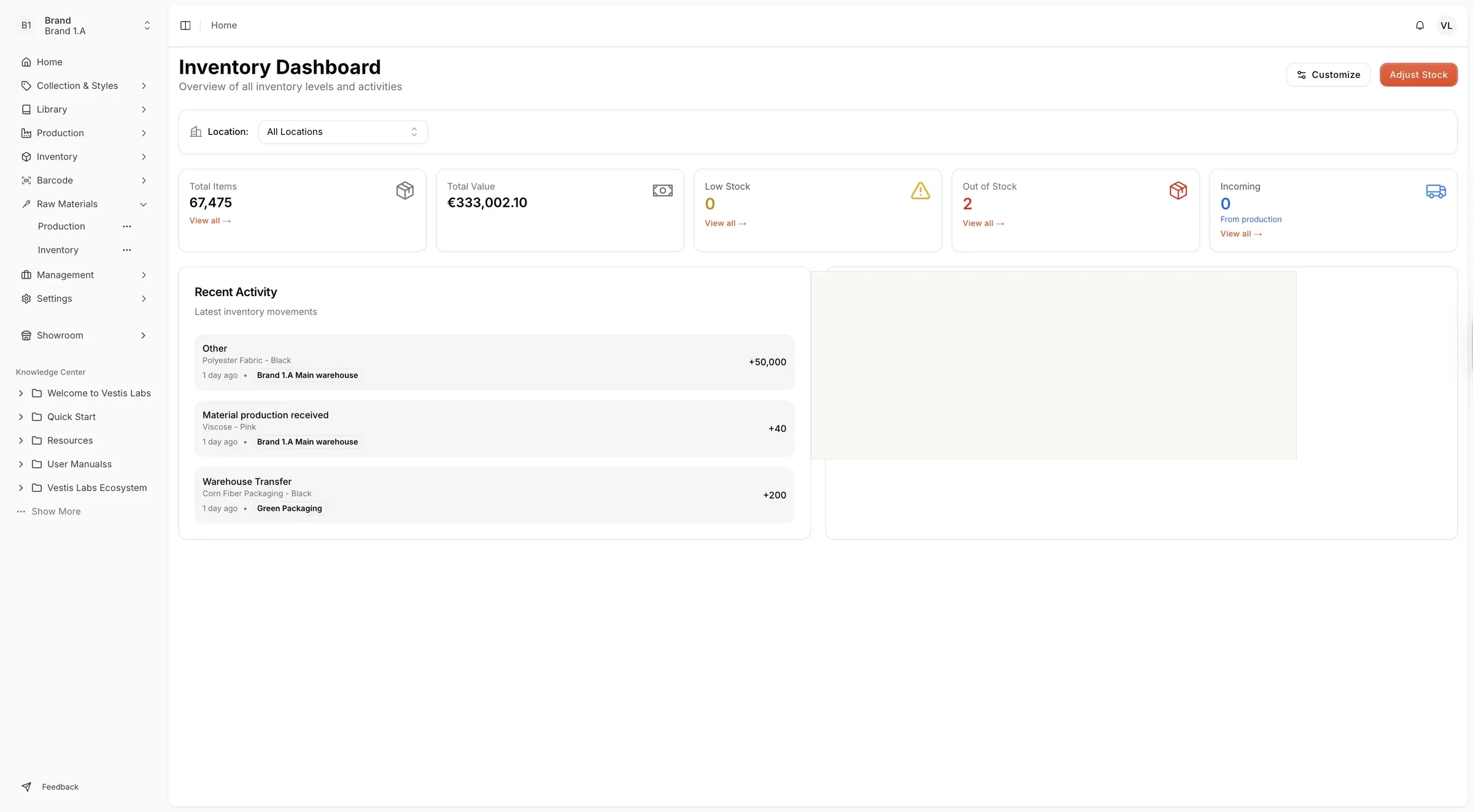 The Inventory Dashboard offers a summarized overview of the current inventory status, including: