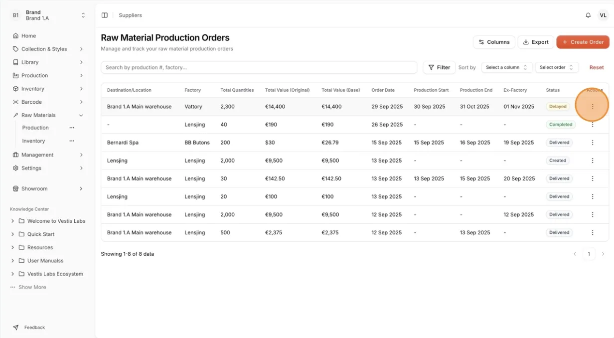 In the Raw Material Production dashboard, select the three-dot action button.