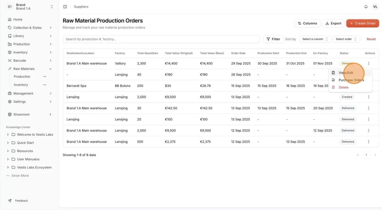 There are three action buttons available to manage your production orders: