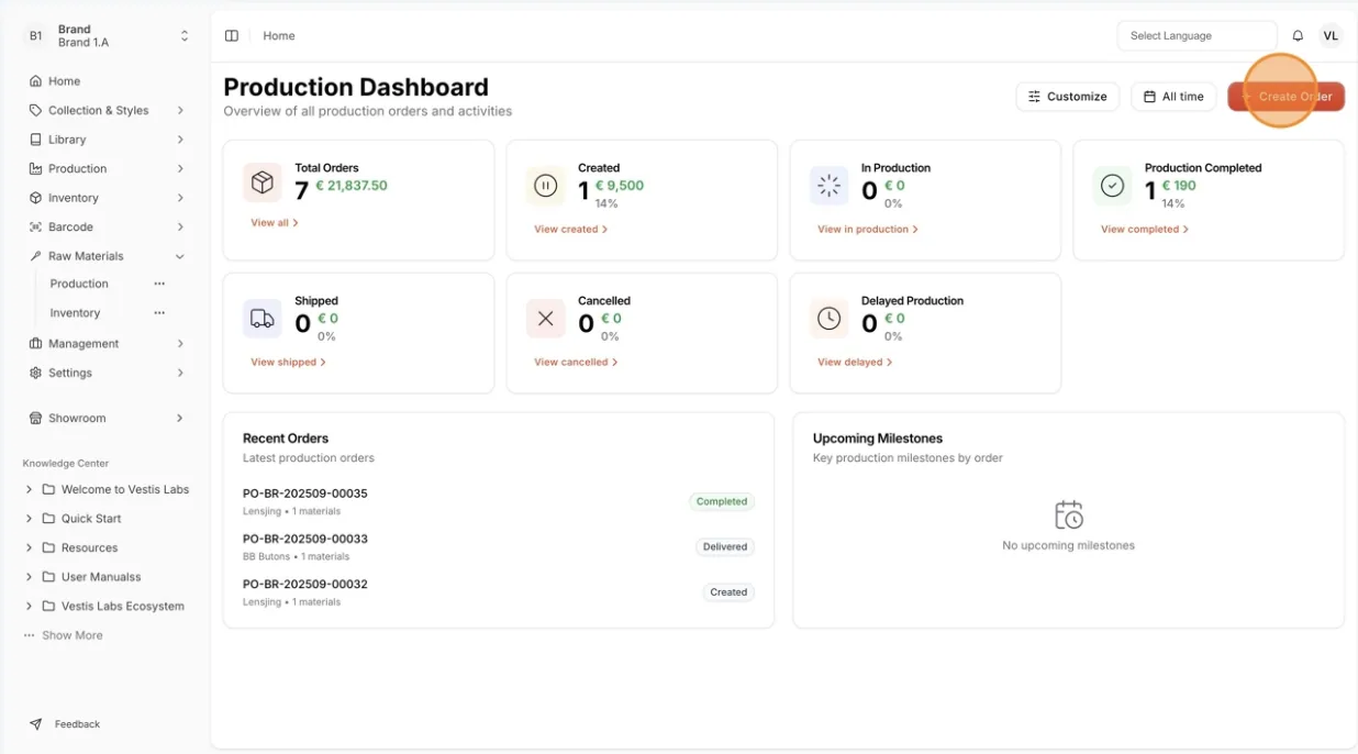 On the dashboard, click Create Order