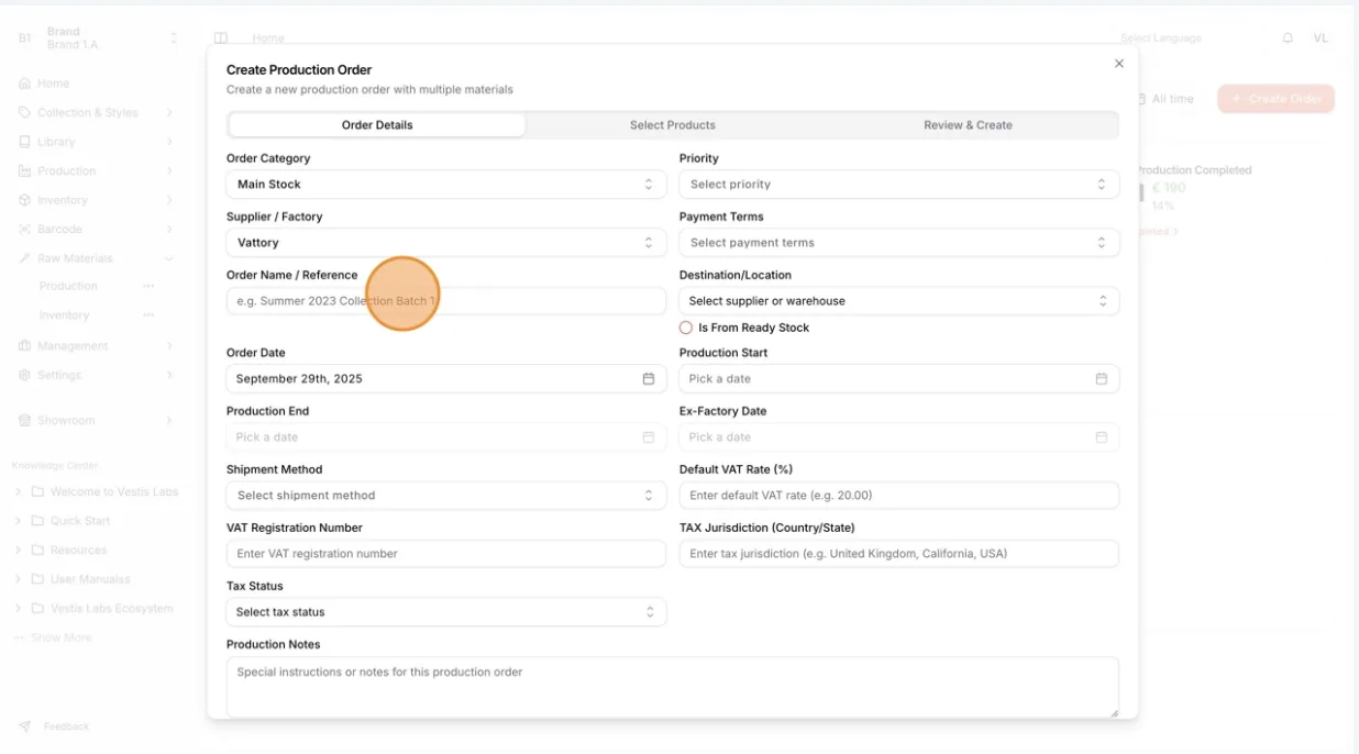 In the Order Name / Reference field, type in a custom reference for the order.