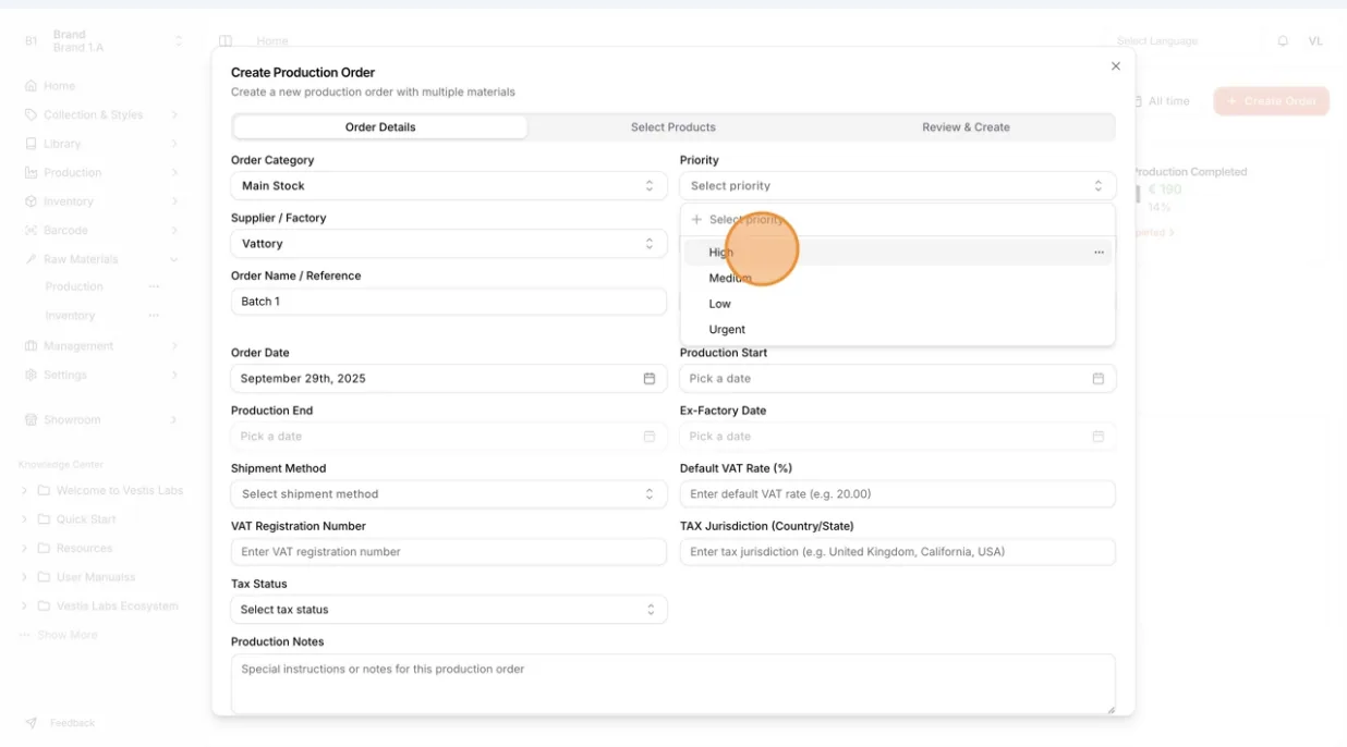 Select the Order Priority to manage the urgency and importance of each purchase order