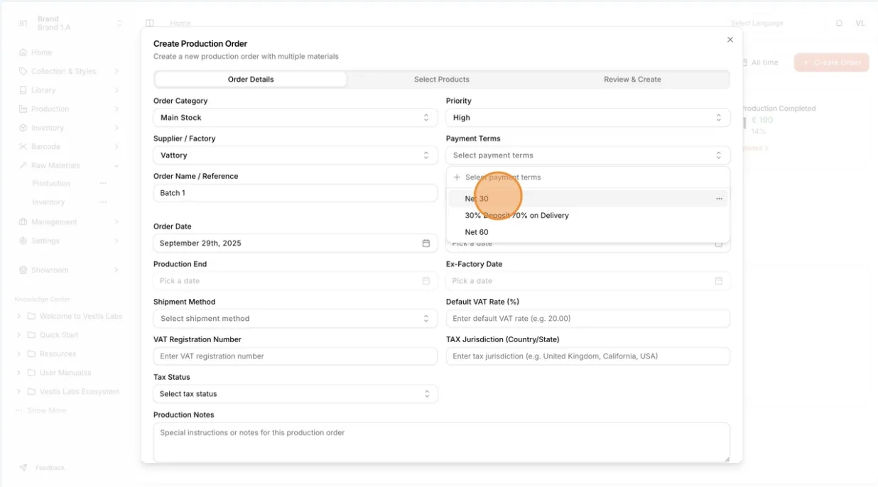 Select the payment terms of the order to manage supplier payments and maintain clear financial agreements