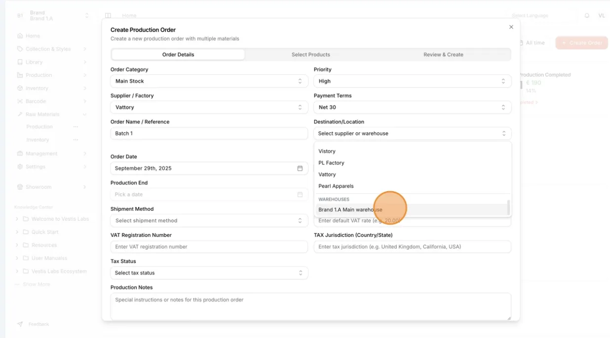 Select the Brand/Warehouse from the dropdown list to identify and allocate the appropriate raw material stock (e.g., Brand…