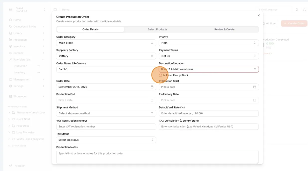 Users can select whether the item is from ready stock to indicate immediate availability.