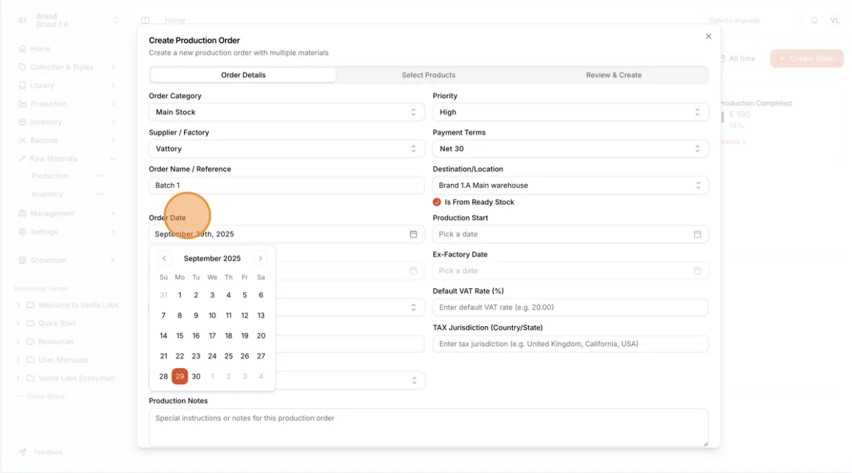 The order date will be automatically filled based on the date the order is created.