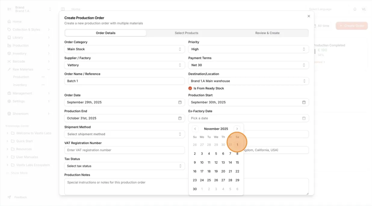 Select the Production Start Date, Production End Date, and Ex-Factory Date using the calendar picker to record and manage…