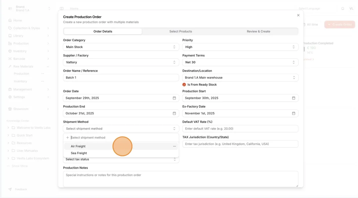 Select the shipment method for the order to determine how the goods will be delivered.