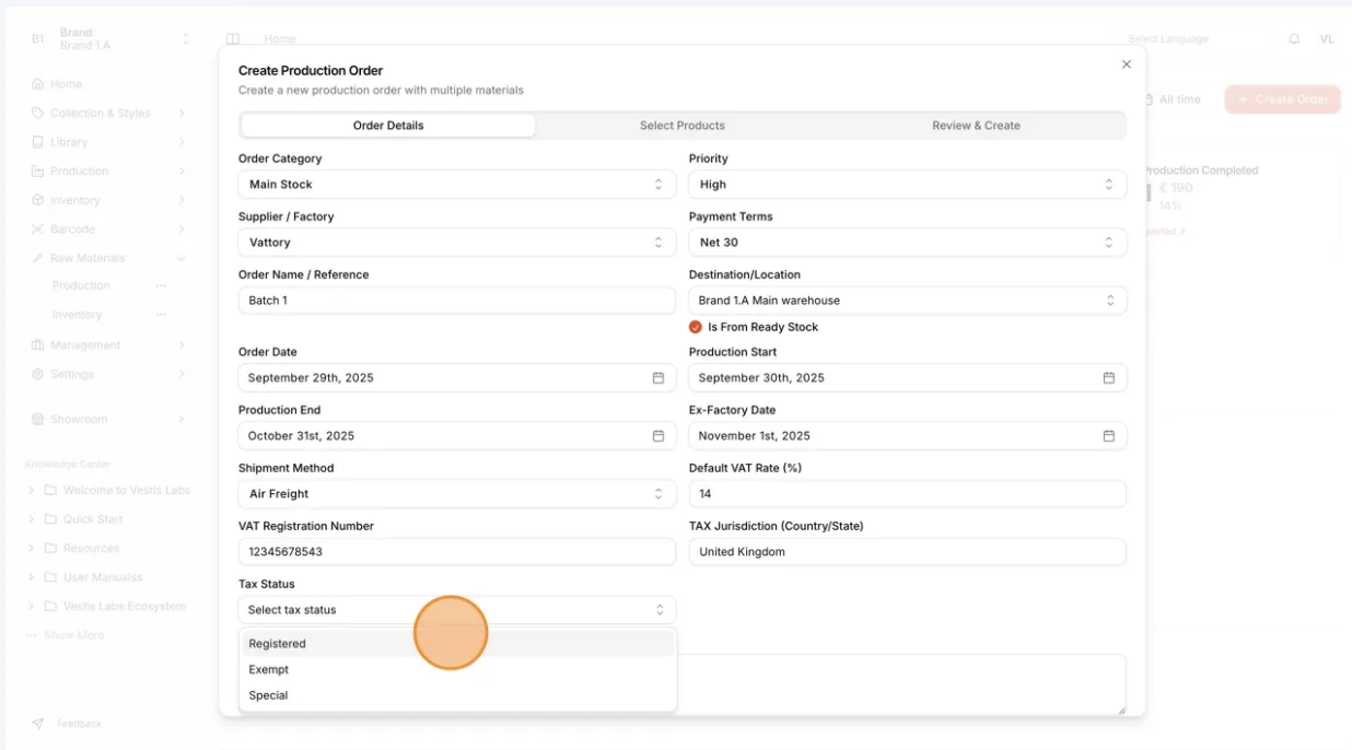 Complete the tax information section by entering the Default VAT Rate (%), VAT Registration Number, and Tax Jurisdiction…