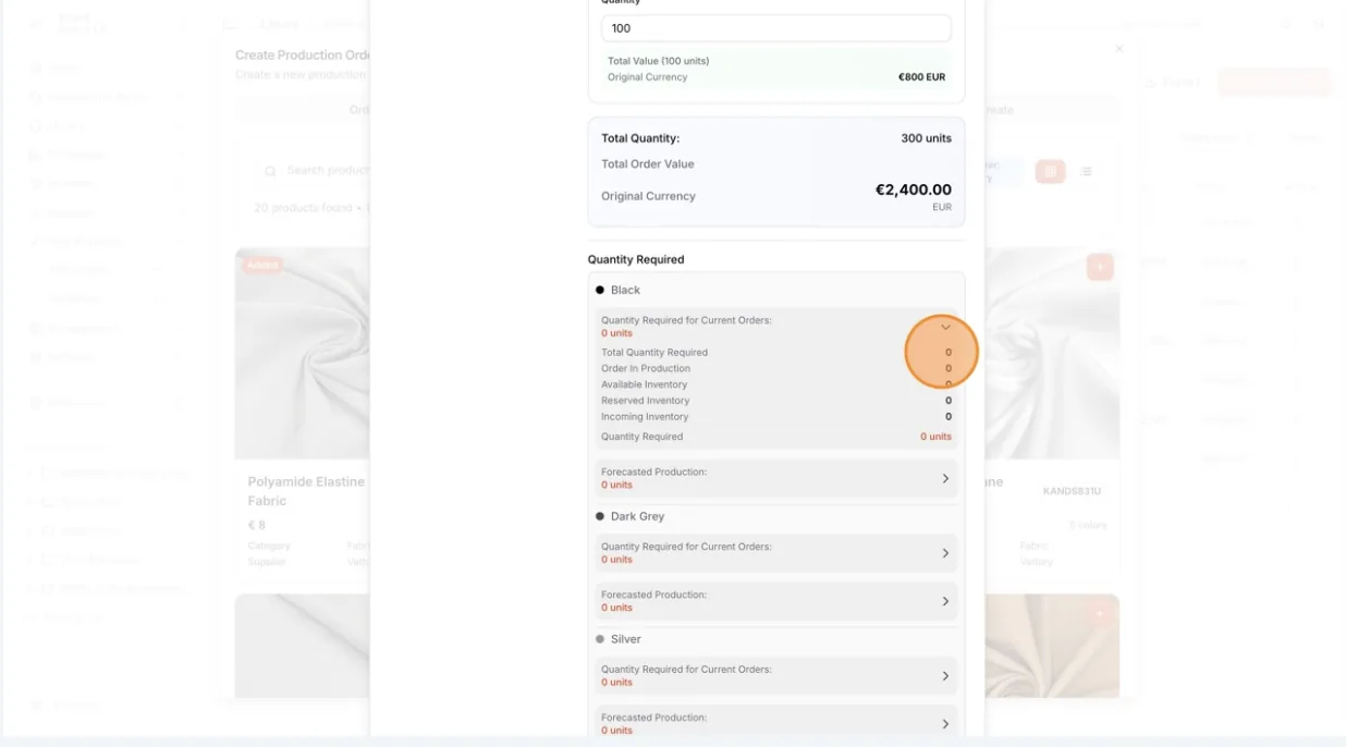 Click the dropdown arrow to expand and view detailed information such as Quantity Required for Current Orders, Available…