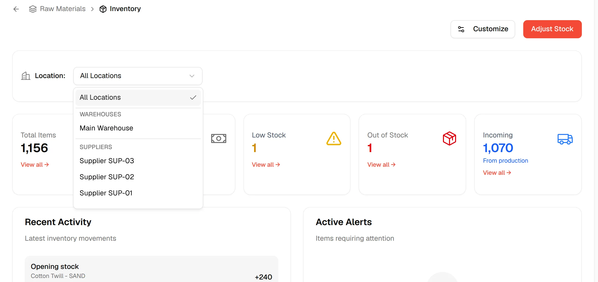 The Location selector open with All Locations and the warehouses and suppliers you can choose