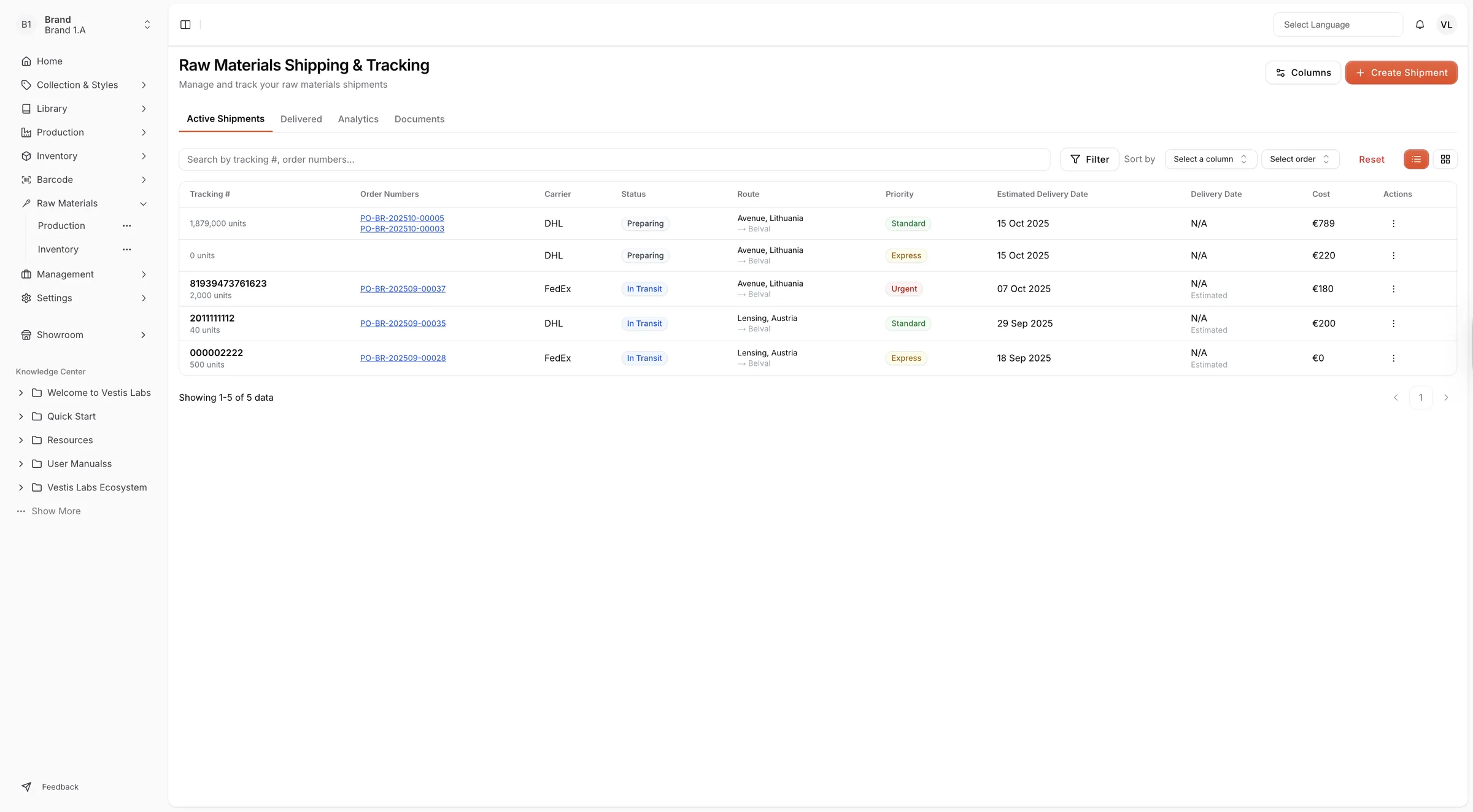 On the Raw Material Shipping and Tracking page, there are four sub-menus designed to help users manage and monitor shipment…