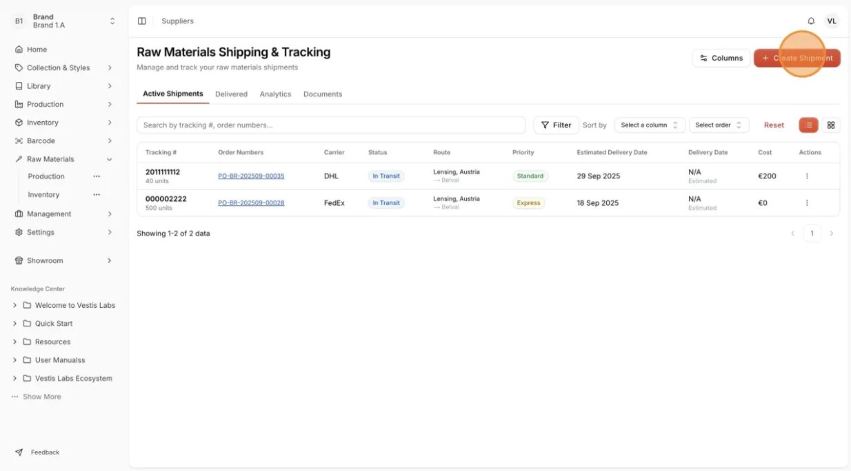 Users can also create new shipments directly from this page to manage and track the delivery process efficiently.
