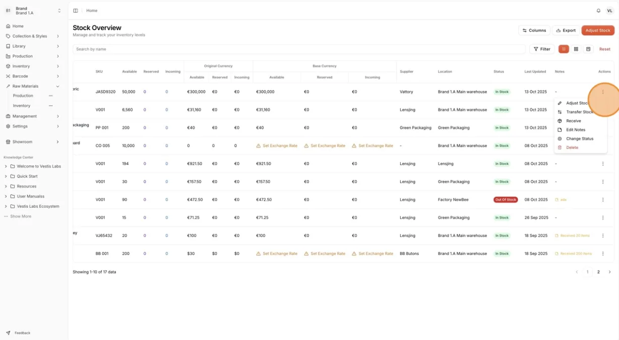 Each material record includes a three-dot Actions Menu.