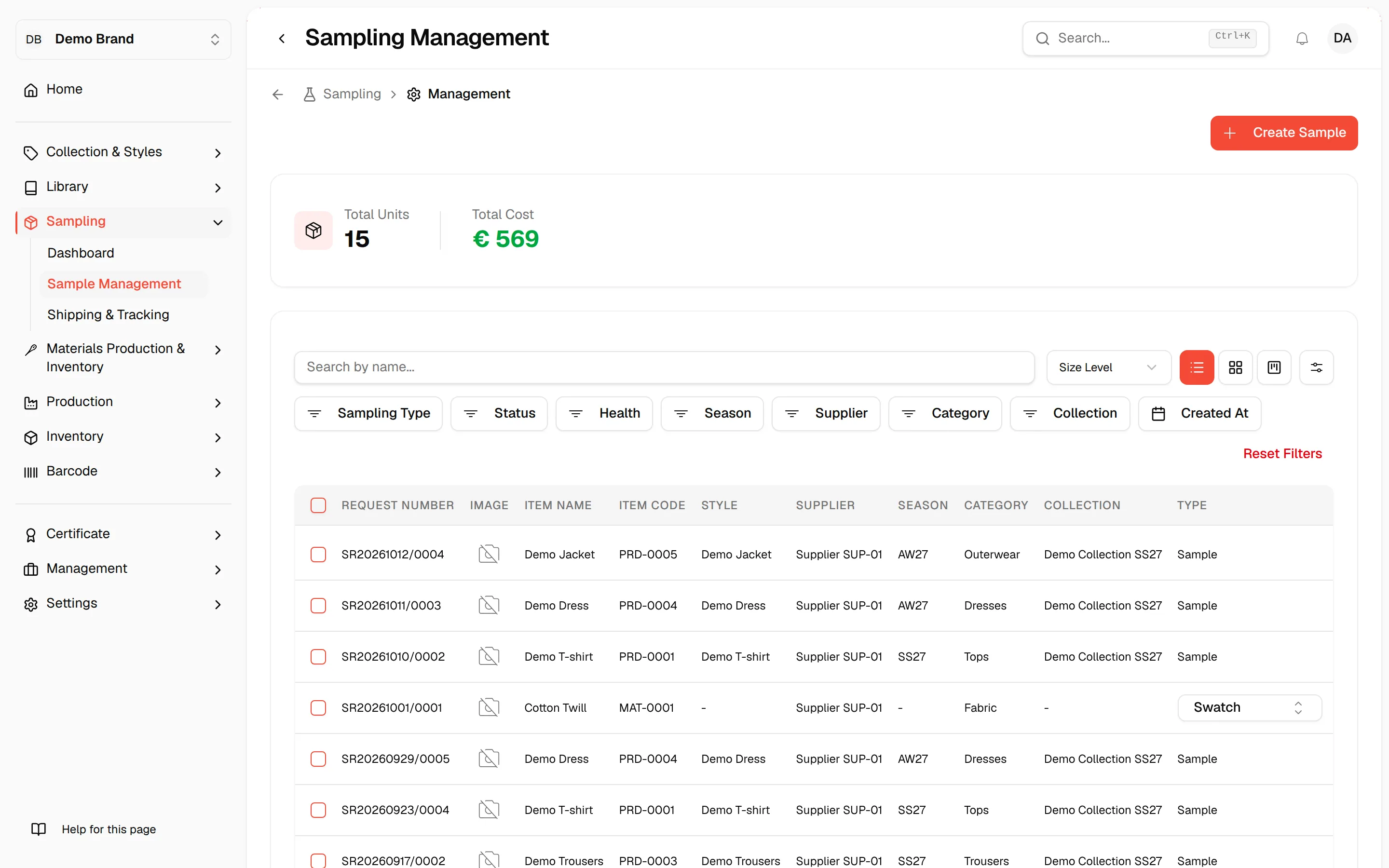 The Sampling Management page with the Create Sample button at the top right