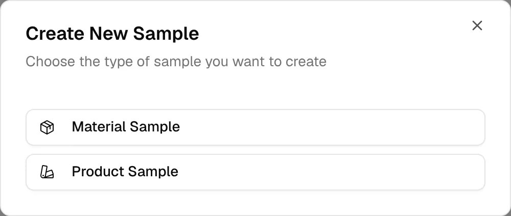 The Create New Sample dialog offering Material Sample and Product Sample