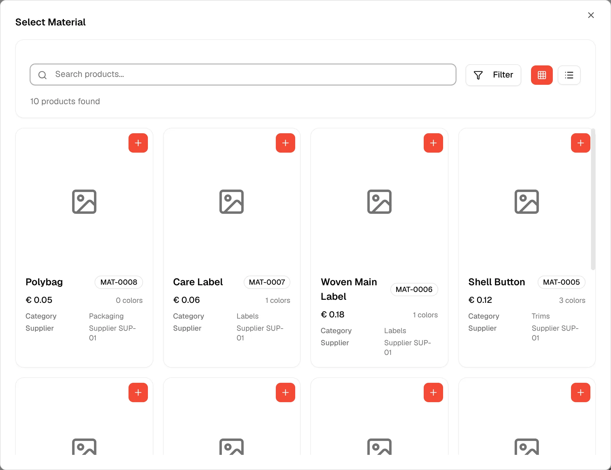 The Select Material window with the search field, the Filter button and one card for each material