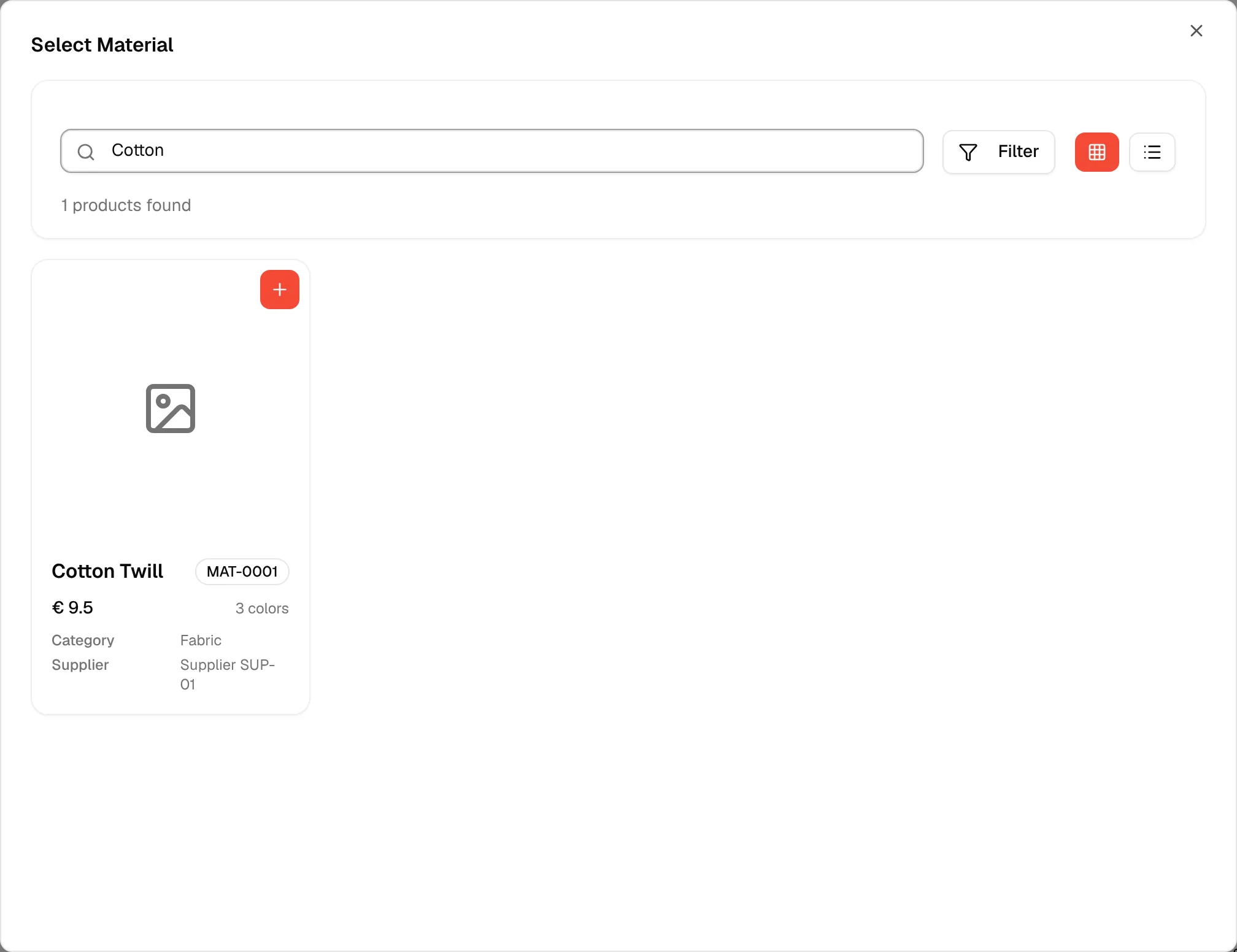 A search for Cotton in the Select Material window leaves one material, with the count under the search field