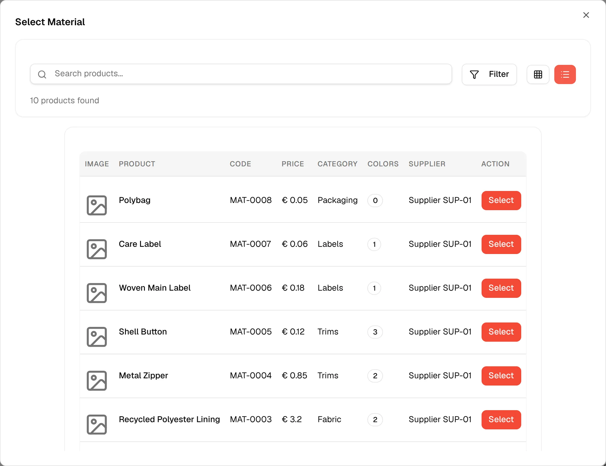 The table view of the Select Material window, with a Select button at the end of each row
