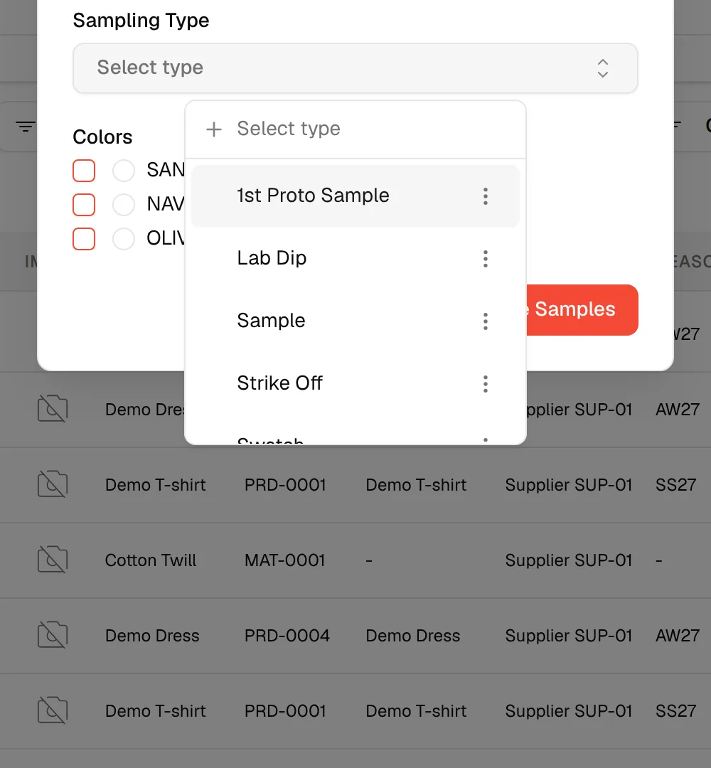 The Sampling Type dropdown open with the types you can choose for the material