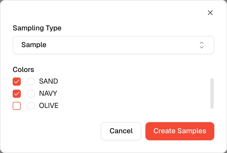 The Sampling Type chosen and two colours checked, with Create Samples ready at the bottom
