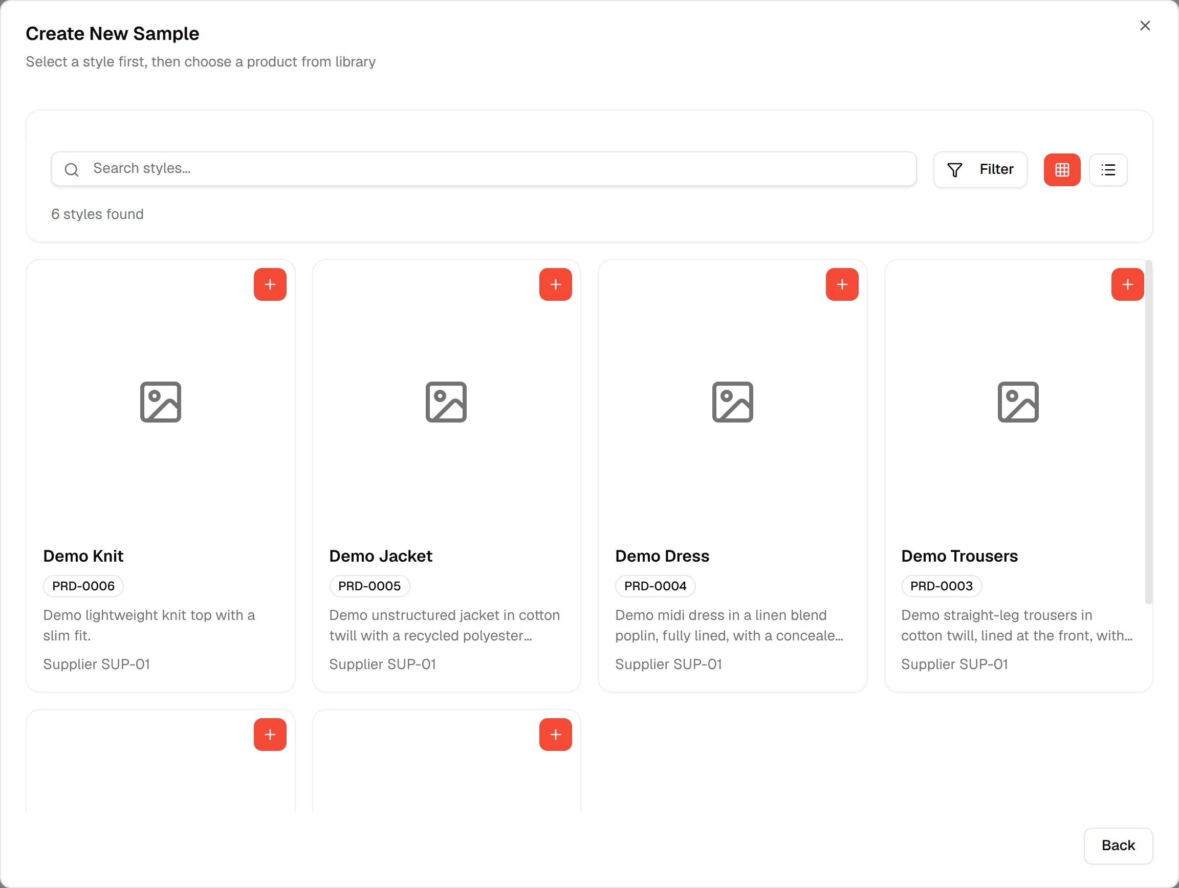 The style list that opens after choosing Product Sample, with the text Select a style first