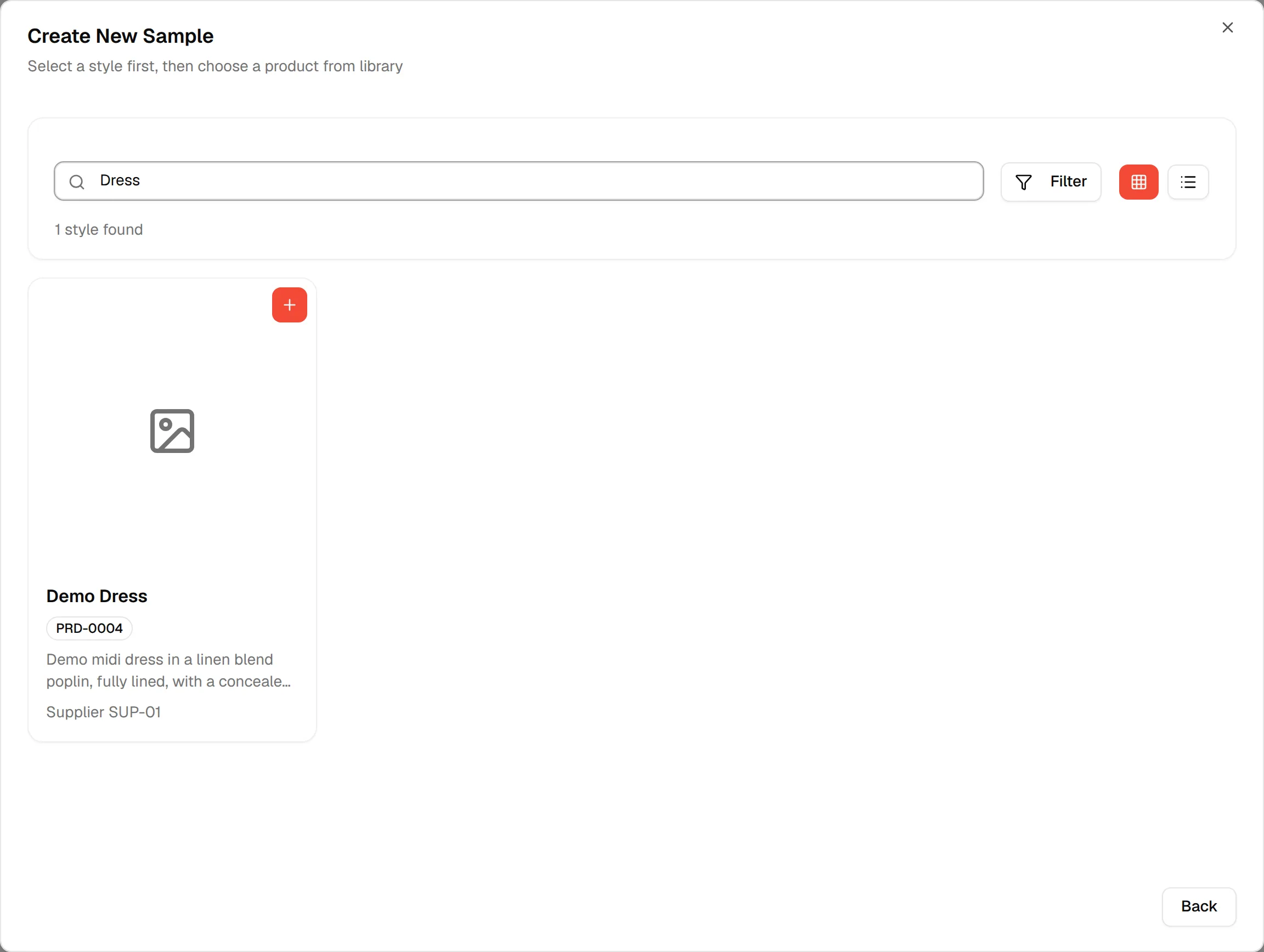 A search for Dress in the style list narrows it to the matching style, with a + button on its card