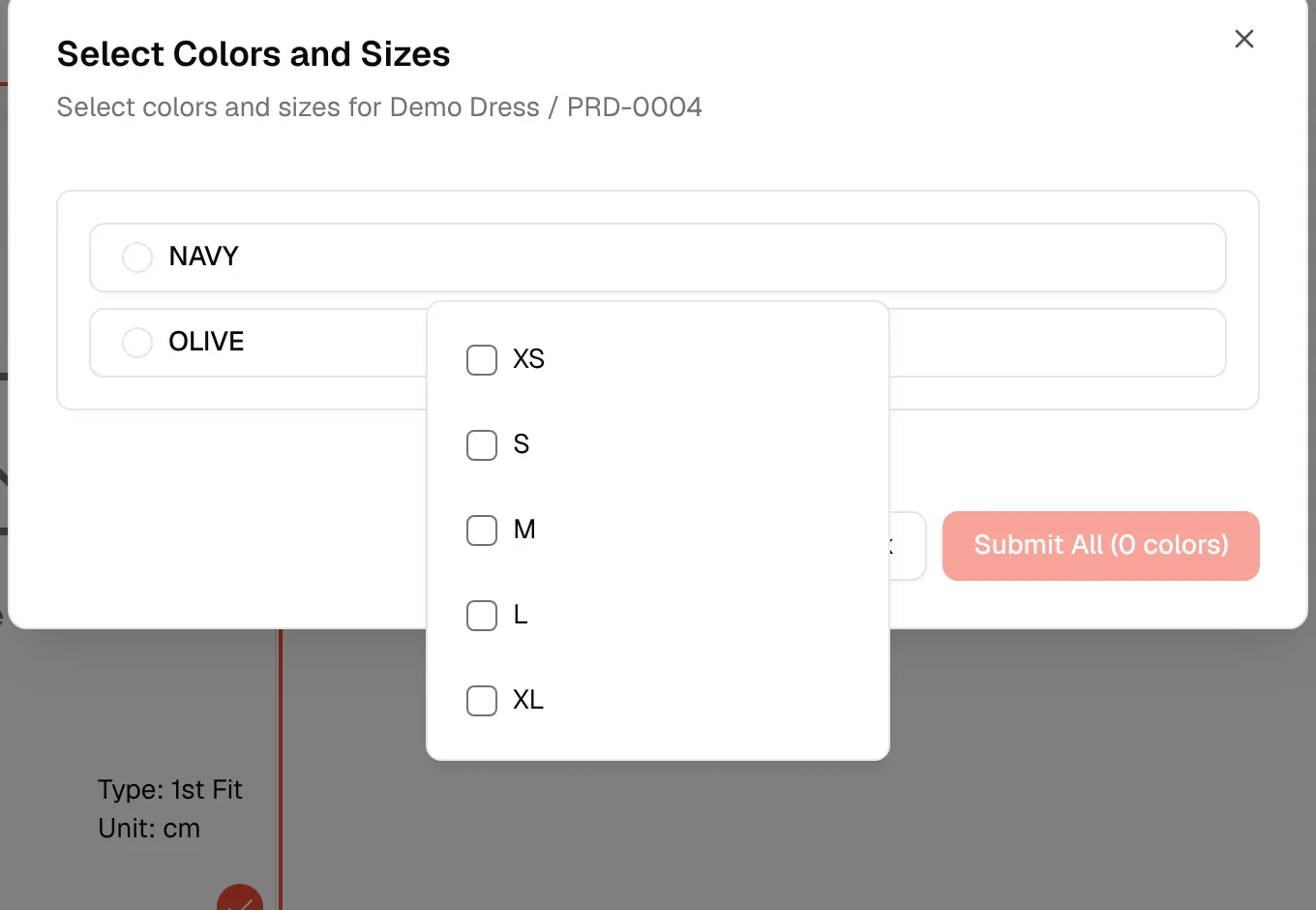 Clicking a colour in Select Colors and Sizes opens its size list with a check box for each size