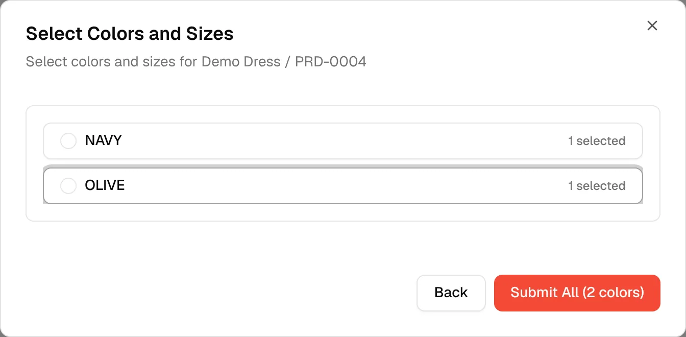 The Submit All button counting two colours after sizes were checked for NAVY and OLIVE