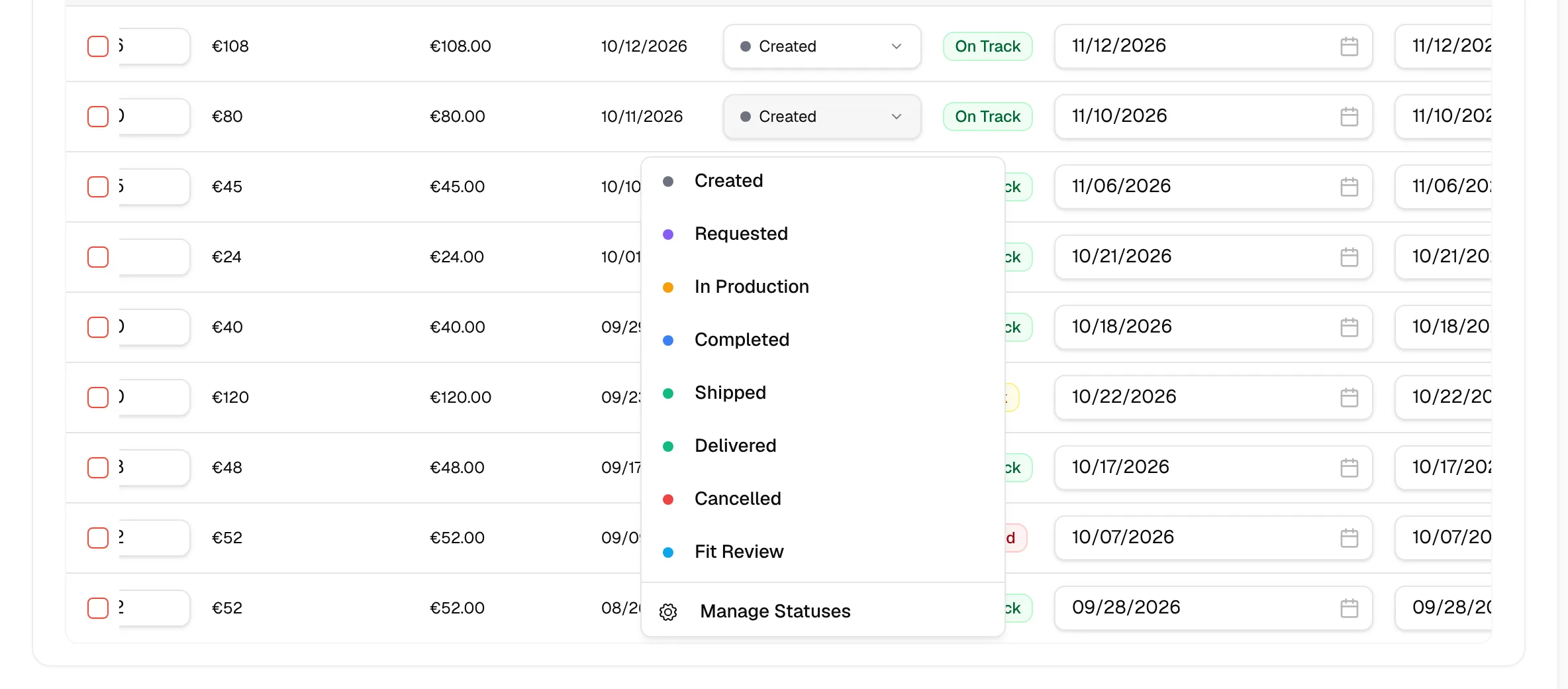 The status list that opens from the status of a sample, with Manage Statuses at the bottom