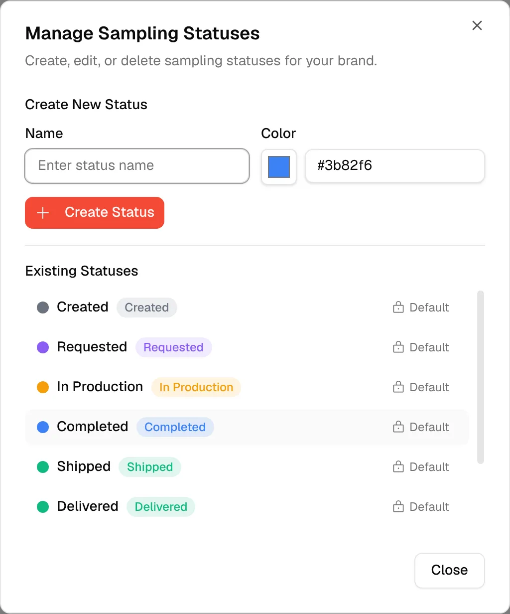 The Manage Sampling Statuses window with Create New Status above the list of existing statuses