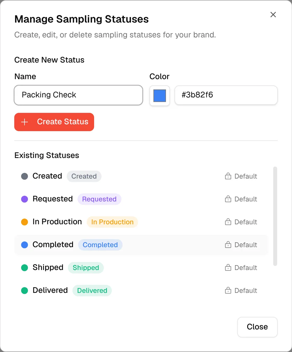 A name typed in the Name field under Create New Status