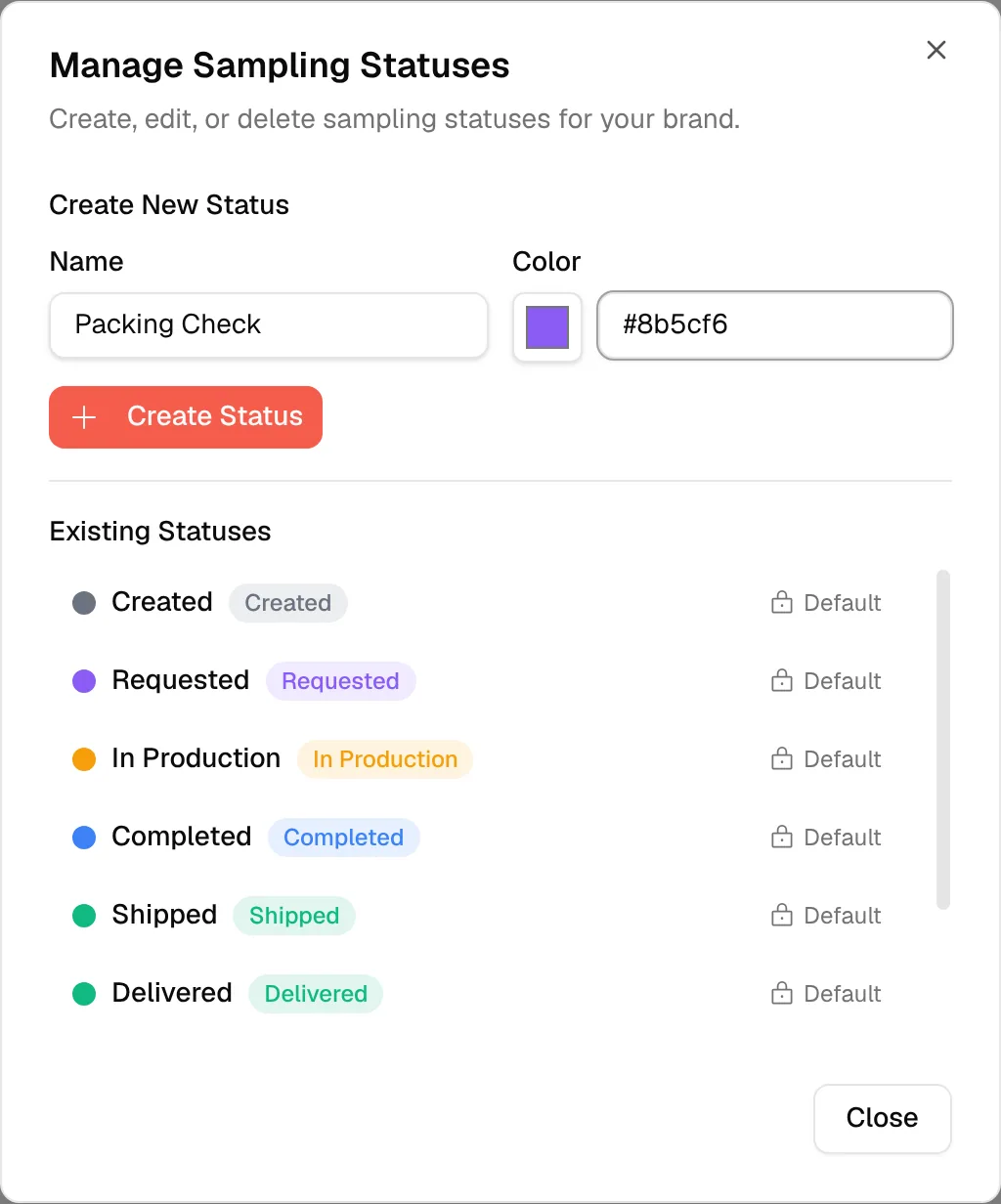 A name and a colour filled in, with the Create Status button ready