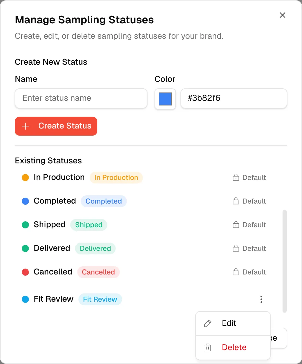 The actions menu of a status you added, with Edit and Delete, while the default statuses show a padlock and Default