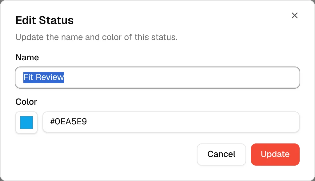 The Edit Status window with the Name and the Color of the status and the Cancel and Update buttons