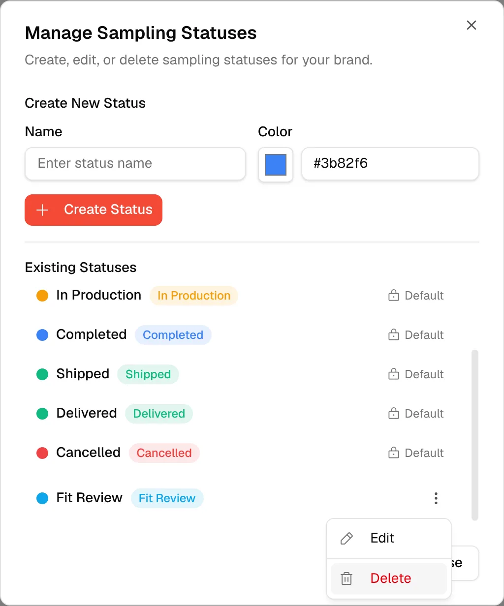 The actions menu with Delete highlighted