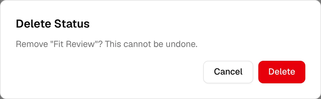The Delete Status window asking to remove the status, with Cancel and Delete