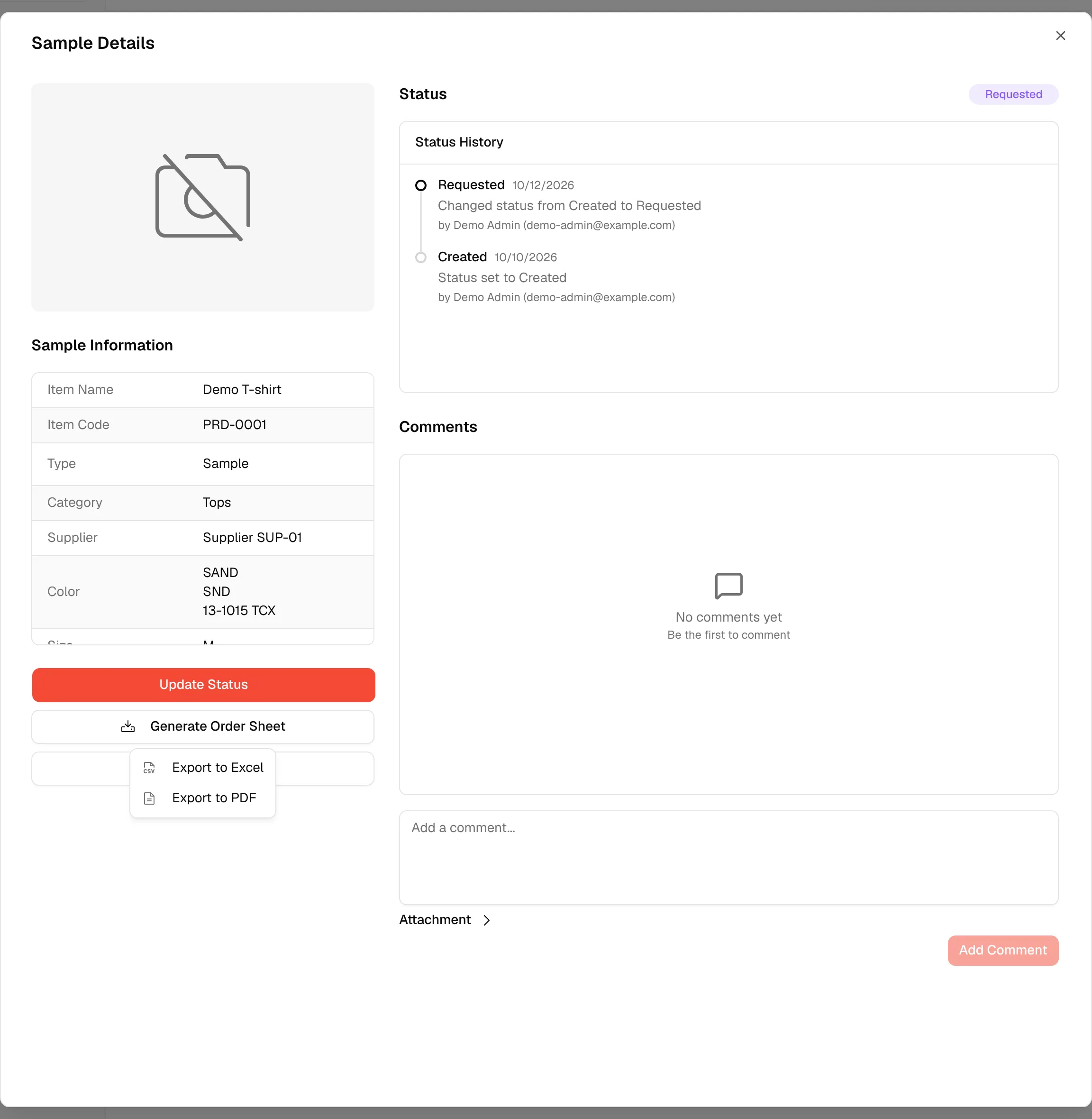 The Generate Order Sheet menu with Export to Excel and Export to PDF