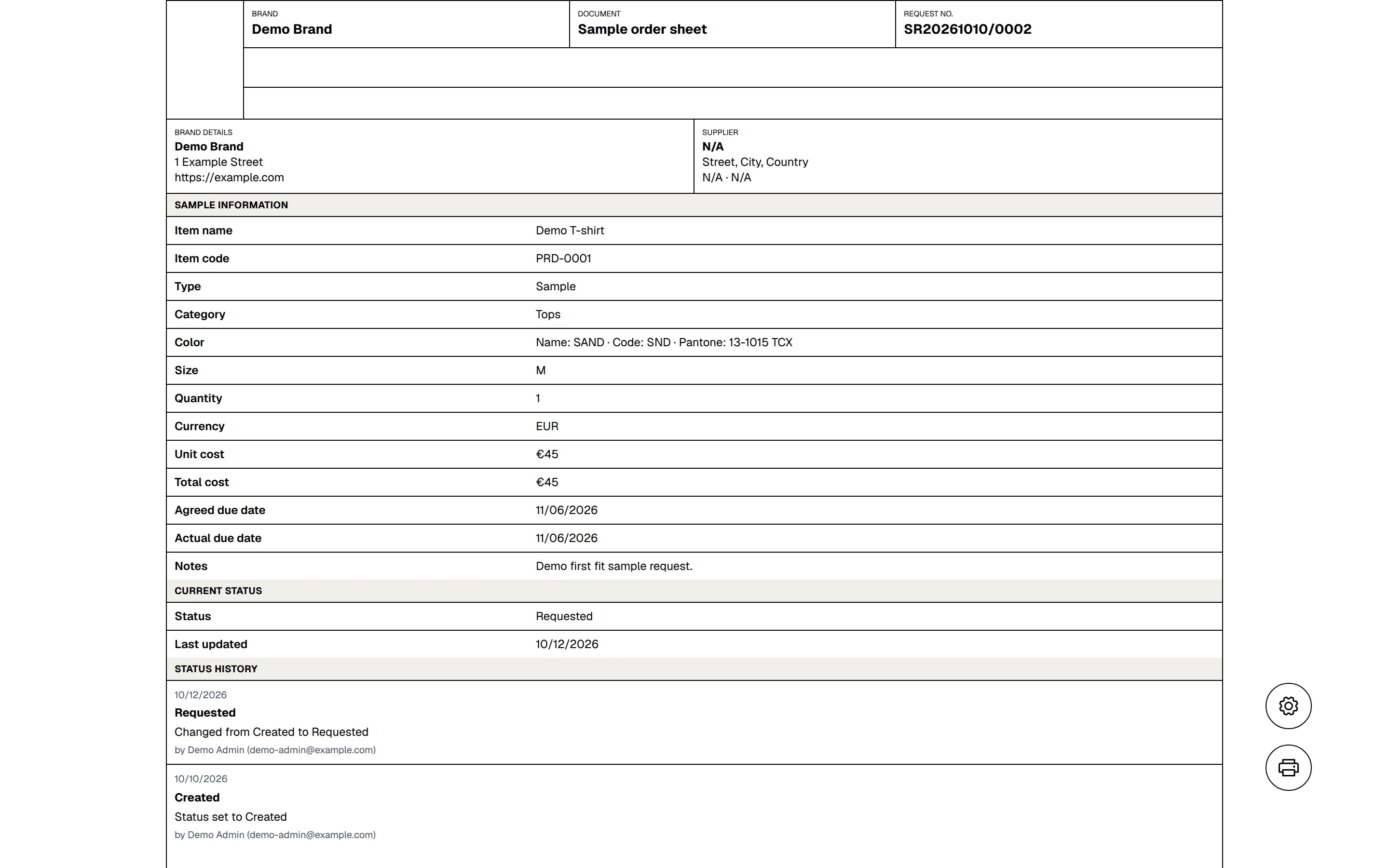 The order sheet page with the brand, the document name, the request number and the sample information