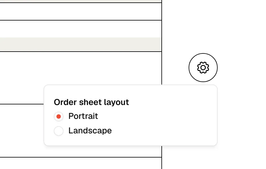 The gear icon at the bottom right opened to Order sheet layout, with Portrait and Landscape