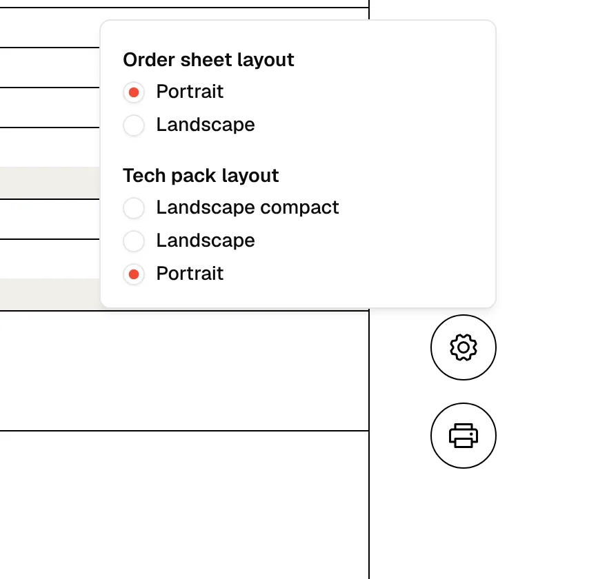Tech pack layout under Order sheet layout, with Landscape compact, Landscape and Portrait