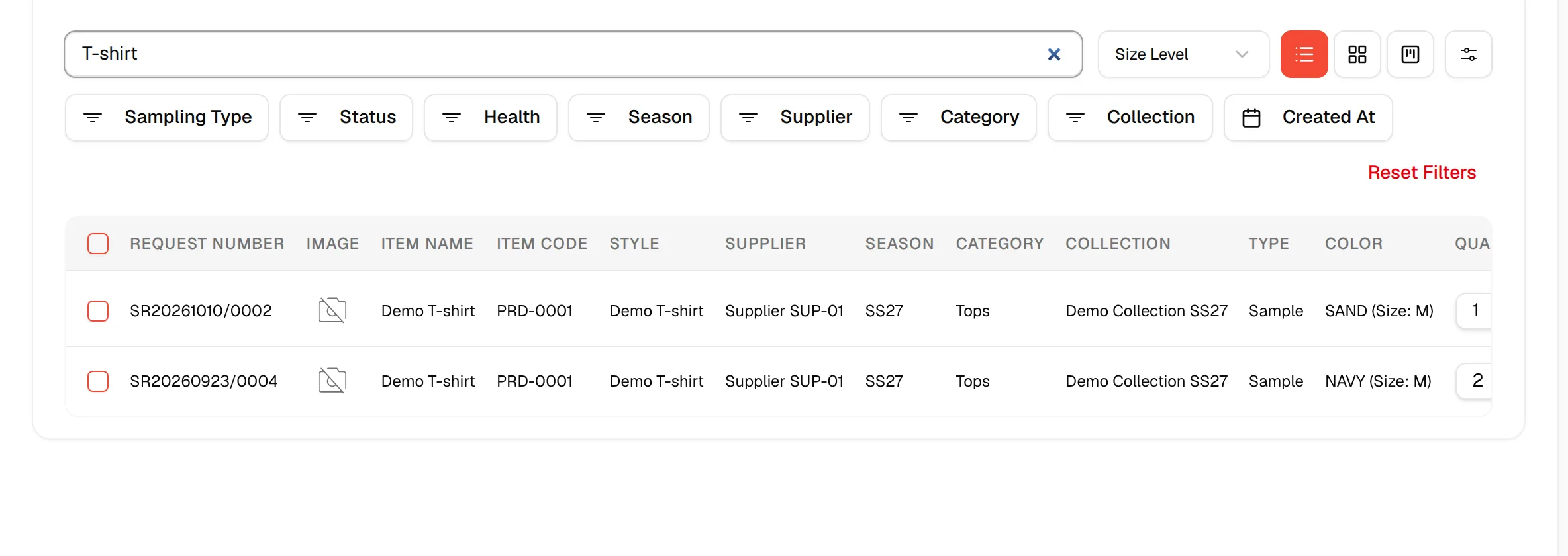 Searching for T-shirt in Sample Management leaves the T-shirt samples in the list
