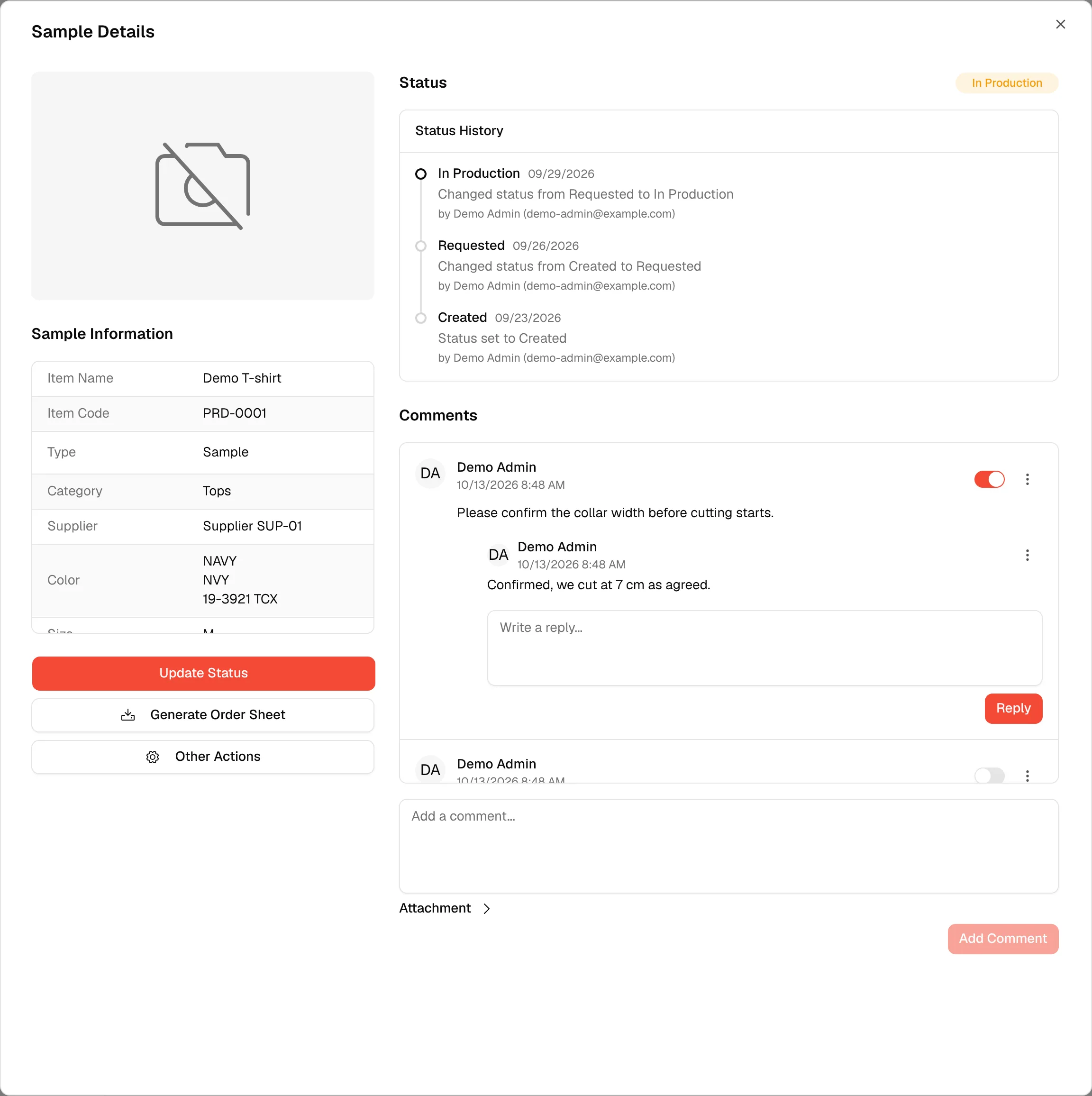 The Sample Details window with the sample information on the left, and the status history and comments on the right