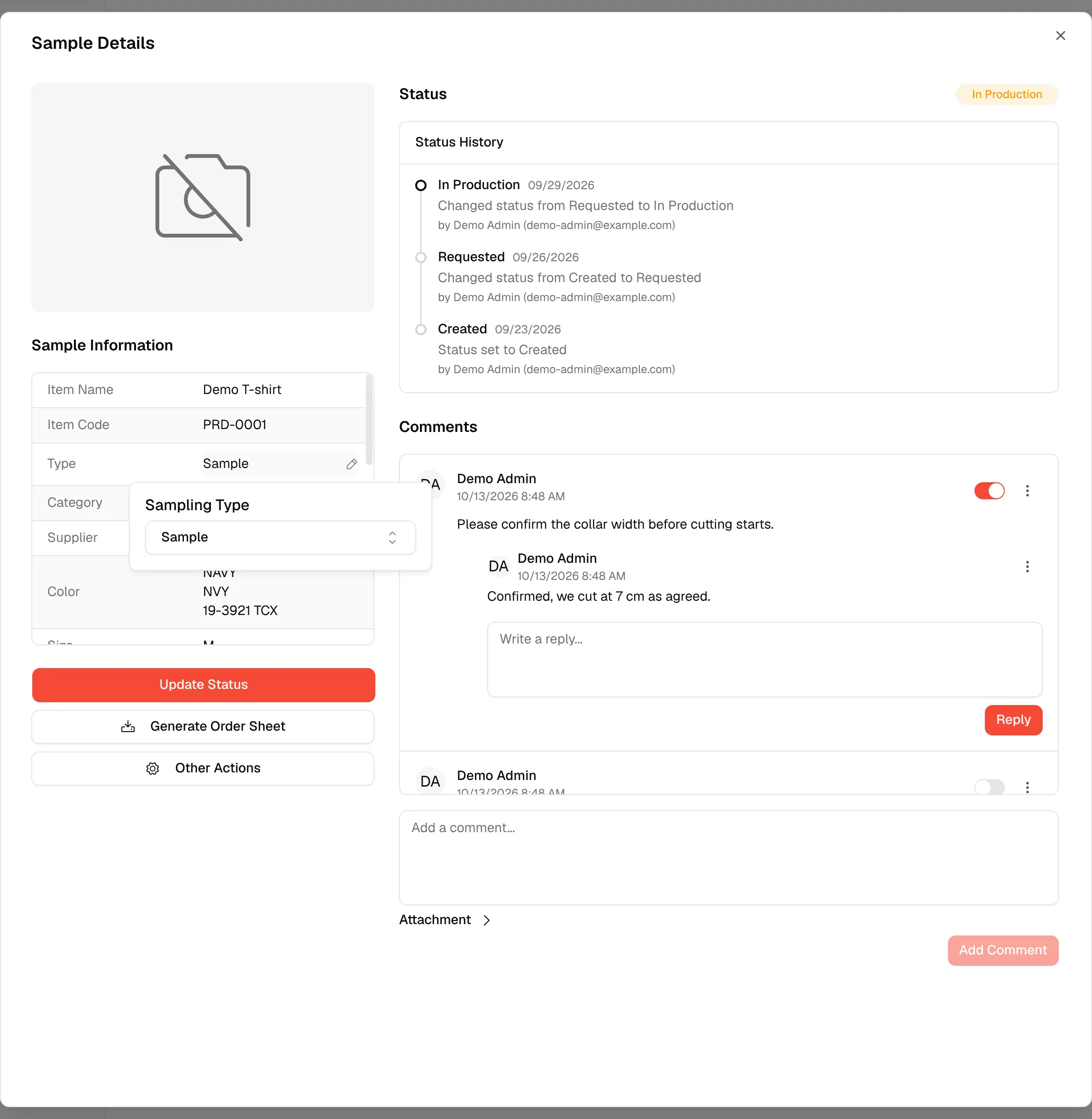 The Sampling Type list that opens when you click the Type value
