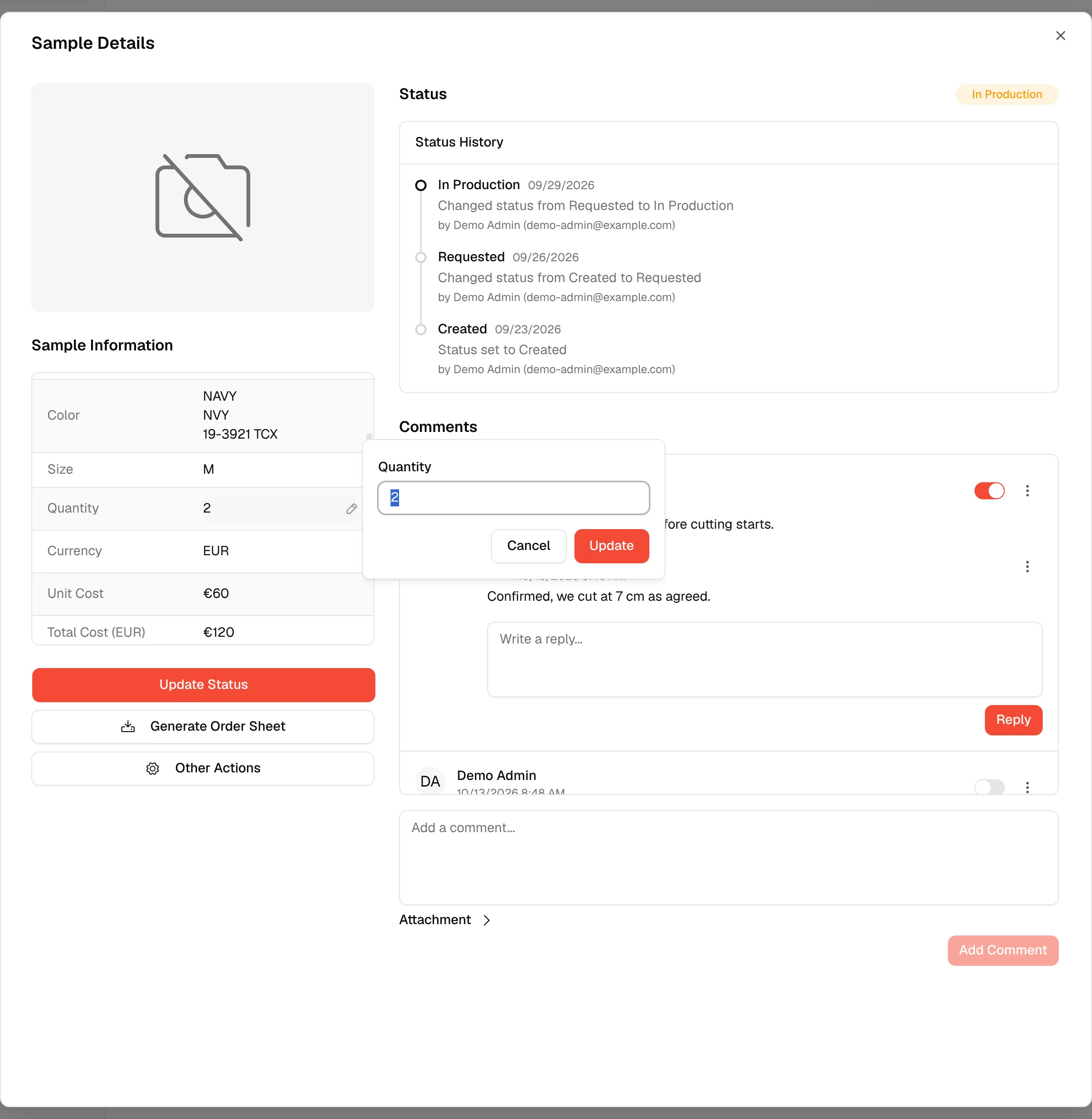 The small Quantity window with the value selected, and the Cancel and Update buttons