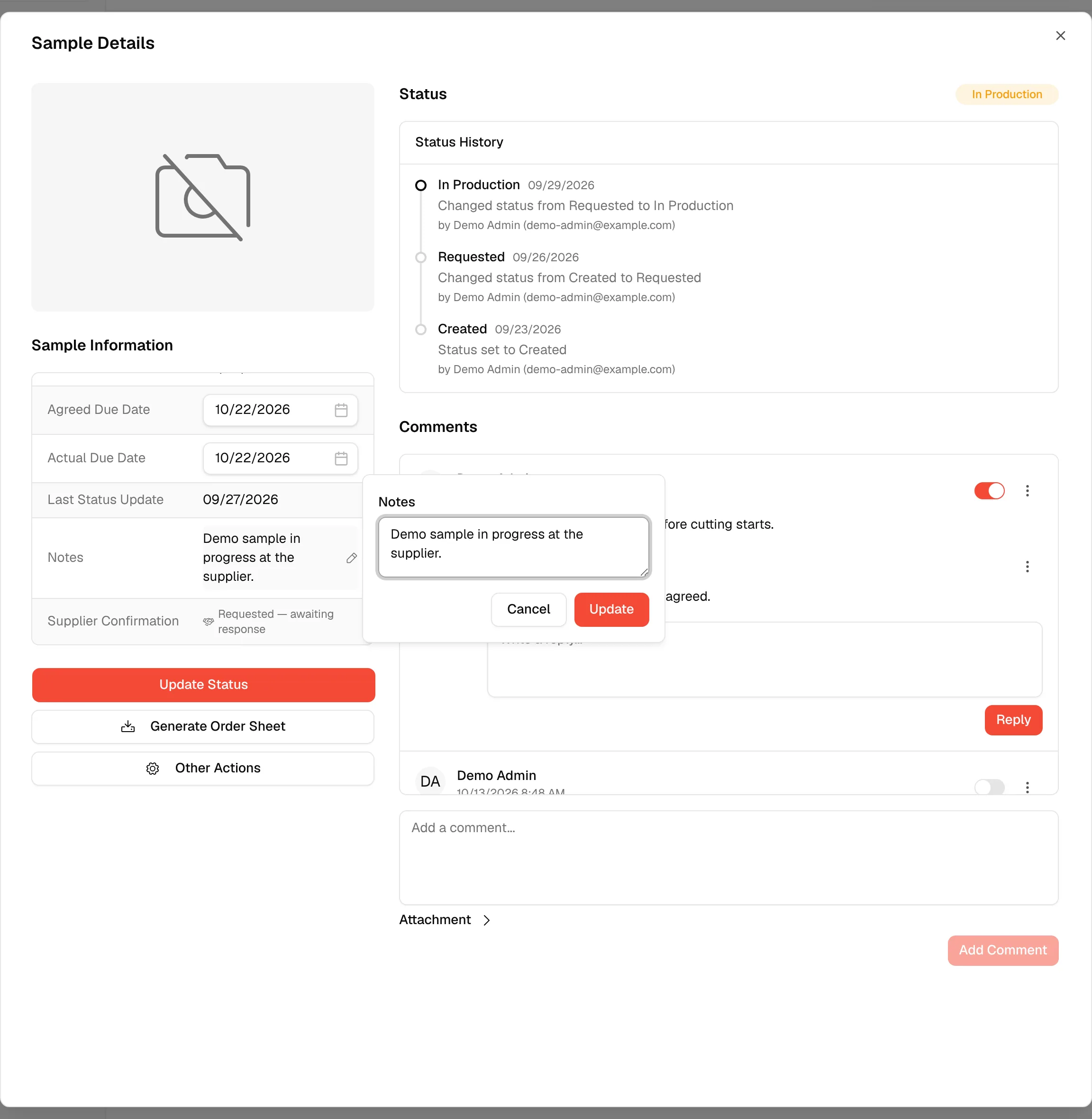 The Notes value being edited with Cancel and Update below it